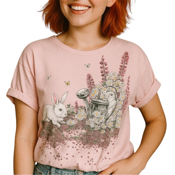 Art Unlimited Vintage Bunny Short Sleeve Tee with Glitter Design - Picture 1 of 9